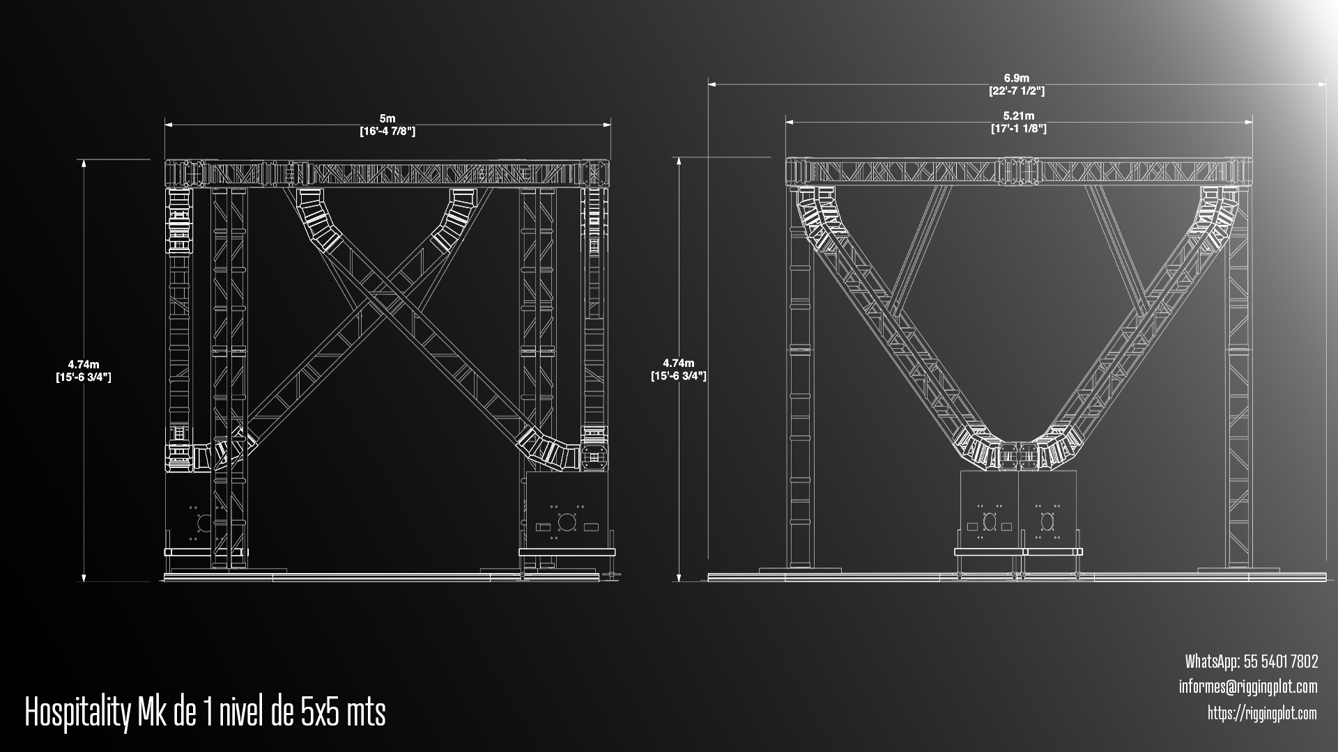 Hospitality MK de 5x5 metros para eventos en Cancún, estructura de dos niveles fabricada con truss de aluminio, ideal para áreas VIP, patrocinadores y hospitalidad.
